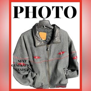 VTG Mid-West Garment Co.  Woolen Jacket Gray Full Zip Leather Trim Bomber  Xl